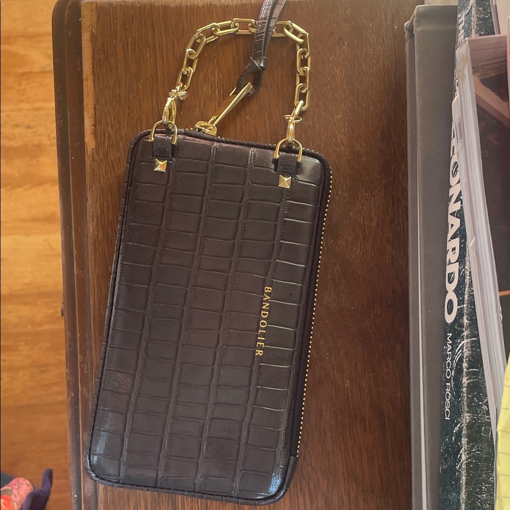 Bandolier Croc-Embossed Bag with Gold Accents